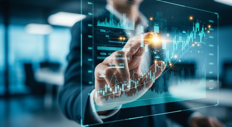 Mano interactuando con una interfaz holográfica mostrando datos financieros y gráficos.