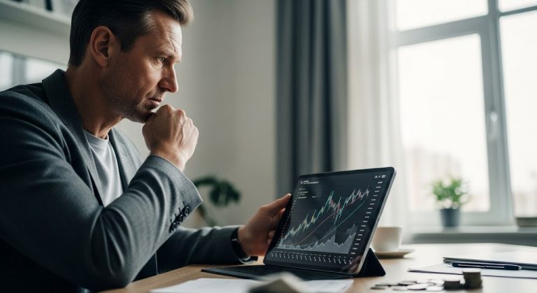 na persona revisando gráficos de inversión en una tablet, reflejando el concepto de diversificación de cartera en tiempos de crisis.