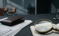 Una lupa sobre un libro de contabilidad junto a declaraciones tributarias y una cartera, ilustrando la búsqueda de inconsistencias operativas en saldos a favor.