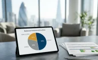Inversor analizando la distribución de clases de activos en una tableta gráfica junto a reportes financieros de rendimiento.