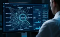 Primer plano de una pantalla de ordenador mostrando un software de análisis de blockchain con nodos conectados, simbolizando el rastreo fiscal.