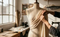 Una modista ordenando pliegues textiles en un ambiente de iluminación tenue y texturas de alta costura.