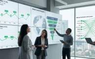Especialistas analizando métricas de conversión digital en una pantalla curva de alta definición para auditar agencias de marketing.