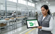 Un supervisor revisando un panel interactivo de turnos rotativos en una tablet industrial dentro de una planta de ensamblaje moderna.