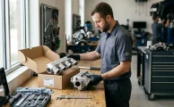Mecánico profesional en Chile comparando un repuesto original OEM con una pieza alternativa sobre un mesón de trabajo técnico.