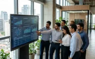 Especialistas de IT analizando métricas de adopción de inteligencia artificial en una startup tecnológica de software corporativo.