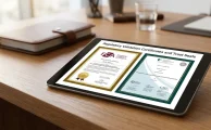 Tablet con sellos de reguladores financieros internacionales sobre un escritorio.