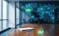Representación de un mapa global interconectado con cifras de impuestos y el porcentaje del 15 por ciento que afecta a corporaciones multinacionales.