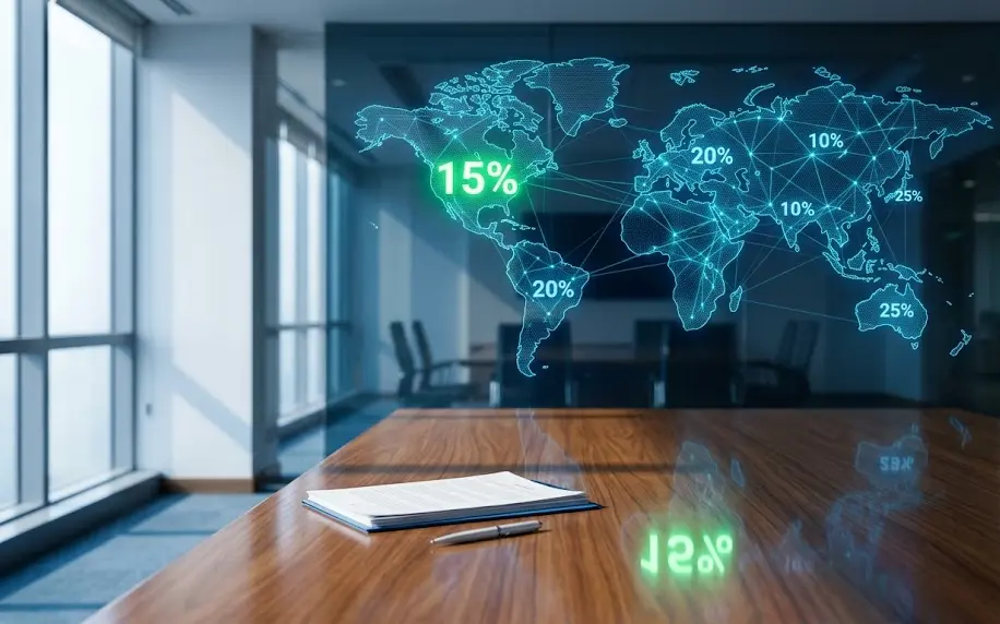 Representación de un mapa global interconectado con cifras de impuestos y el porcentaje del 15 por ciento que afecta a corporaciones multinacionales.
