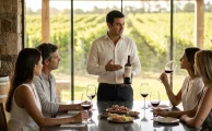 Sommelier profesional explicando las notas de cata de un vino Tannat premium en una bodega boutique de Punta del Este.