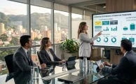 Mesa de trabajo colaborativa analizando métricas clave para elegir agencia de marketing digital con adaptabilidad regional.