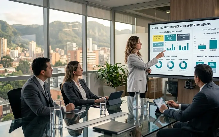 Mesa de trabajo colaborativa analizando métricas clave para elegir agencia de marketing digital con adaptabilidad regional.