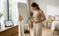 Persona midiendo su cintura con cinta métrica frente al espejo para comparar con una tabla de talles online de ropa.