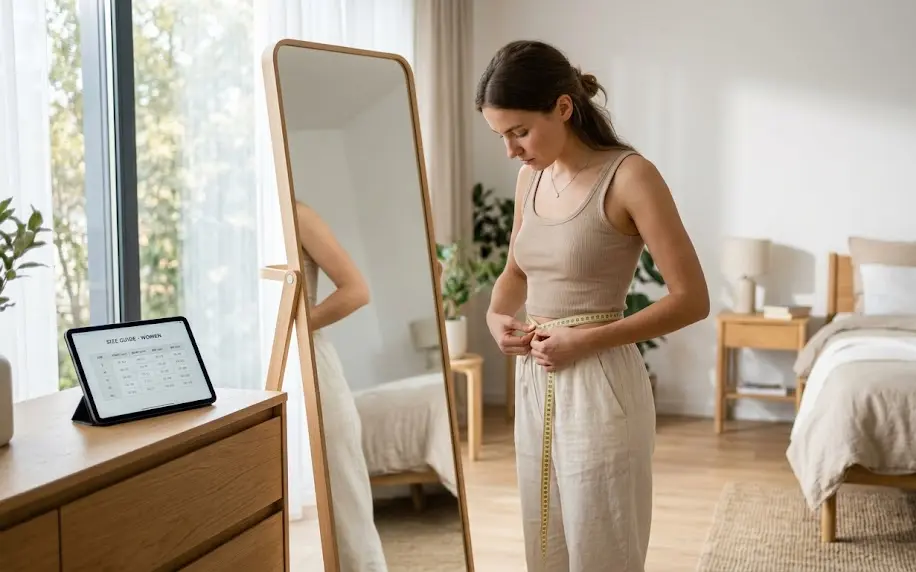 Persona midiendo su cintura con cinta métrica frente al espejo para comparar con una tabla de talles online de ropa.