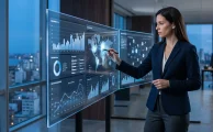 Abogado moderno analizando pantallas con datos legales en oficina corporativa.
