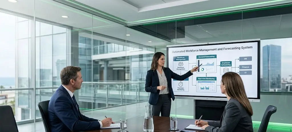Directivo de recursos humanos evaluando diferentes plataformas de prevision operativa para mejorar la planificación de horarios.
