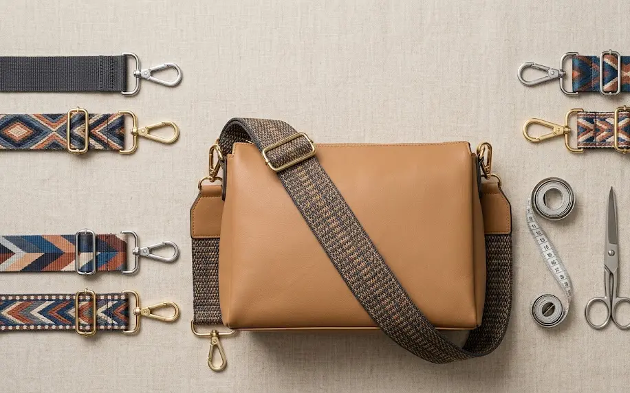 Varios bolsos con herrajes de metal y carteras con correa utilitaria de cinta tejida satinada de diferentes tonos.
