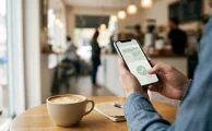 Persona firma un contrato desde su celular con una de las apps de firma digital por WhatsApp, sentada en un café con luz natural