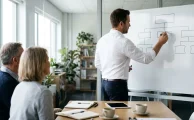 Asesor fiscal dibuja en una pizarra blanca el esquema de sociedades de una familia, imagen sobre el trabajo de un arquitecto fiscal moderno