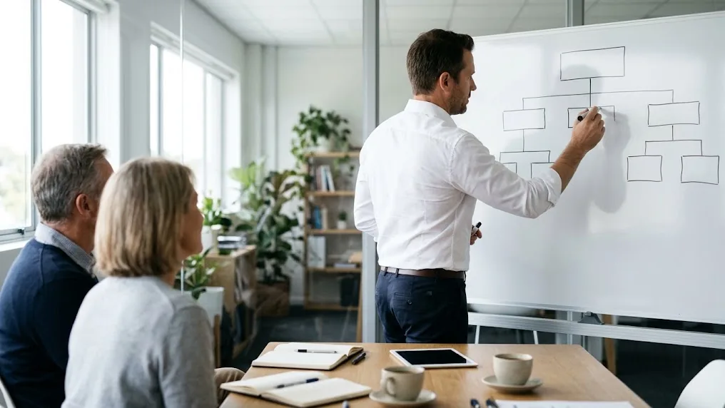 Asesor fiscal dibuja en una pizarra blanca el esquema de sociedades de una familia, imagen sobre el trabajo de un arquitecto fiscal moderno