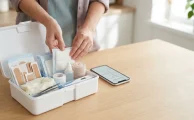 Botiquín mensual en Uruguay abierto sobre la mesa de la cocina, con curitas, gasas, vendas, termómetro y una lista de compras en el celular