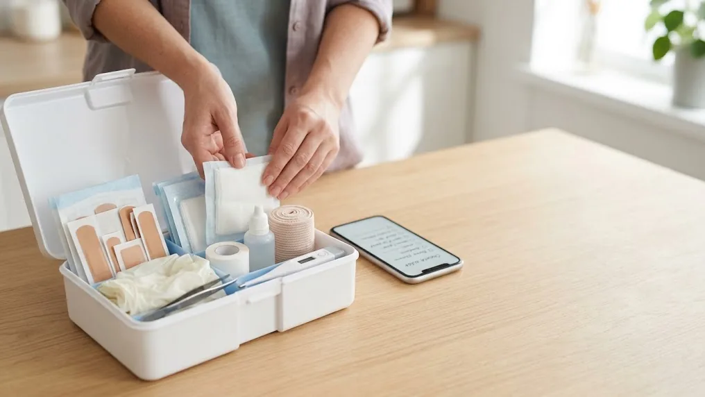 Botiquín mensual en Uruguay abierto sobre la mesa de la cocina, con curitas, gasas, vendas, termómetro y una lista de compras en el celular