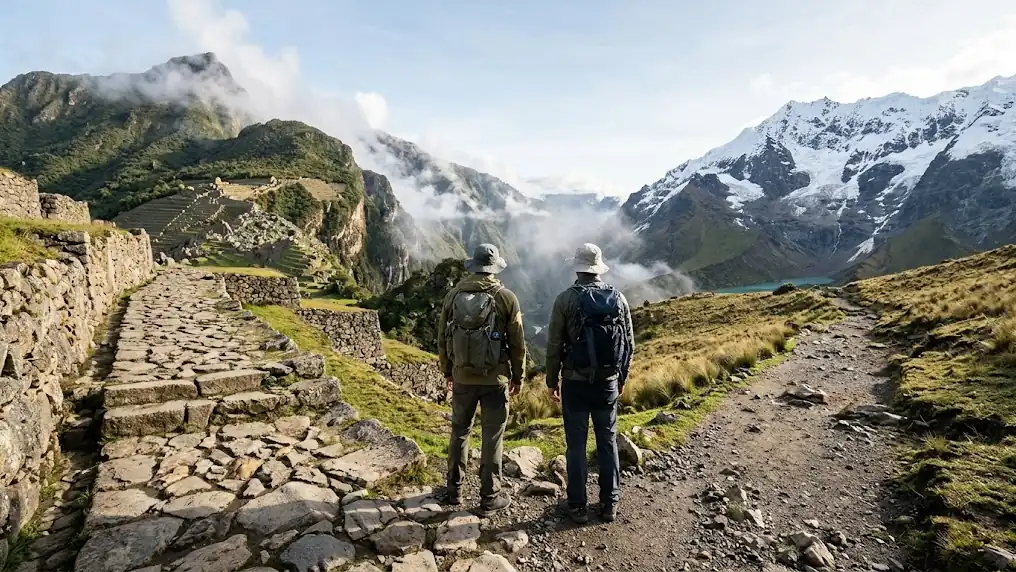Dos senderistas en un camino de piedra andino con un nevado al fondo, imagen que ilustra la comparación Camino Inca vs Salkantay