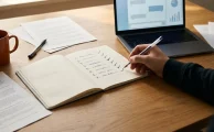Mesa de trabajo con una libreta de siete casos numerados y una laptop con un asistente de chat, imagen sobre casos de IA generativa en Latinoamérica