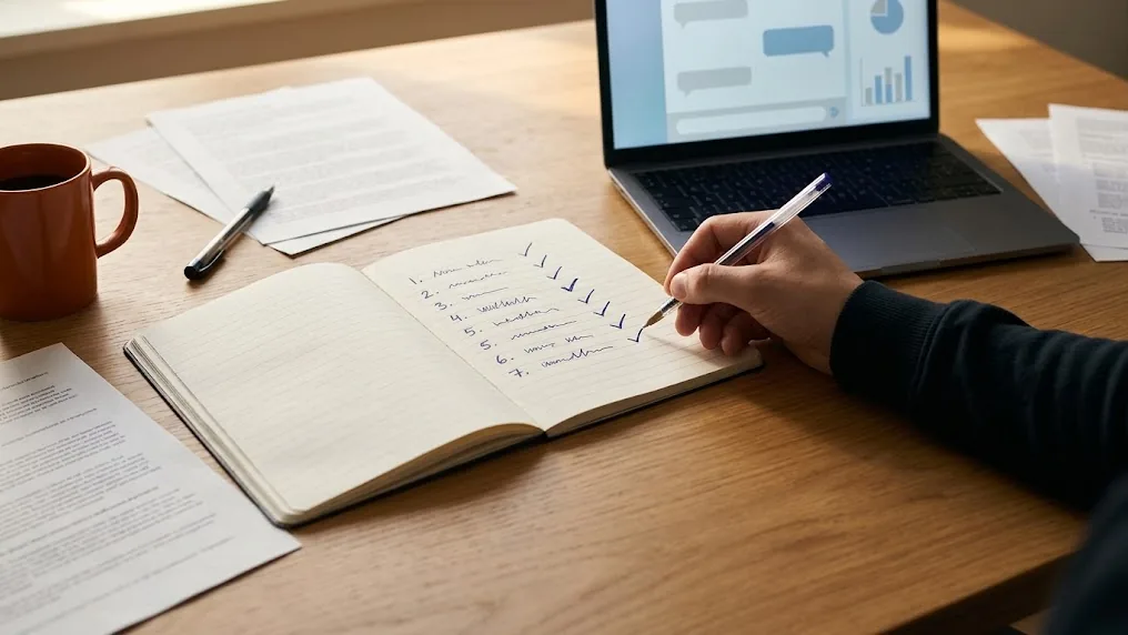 Mesa de trabajo con una libreta de siete casos numerados y una laptop con un asistente de chat, imagen sobre casos de IA generativa en Latinoamérica