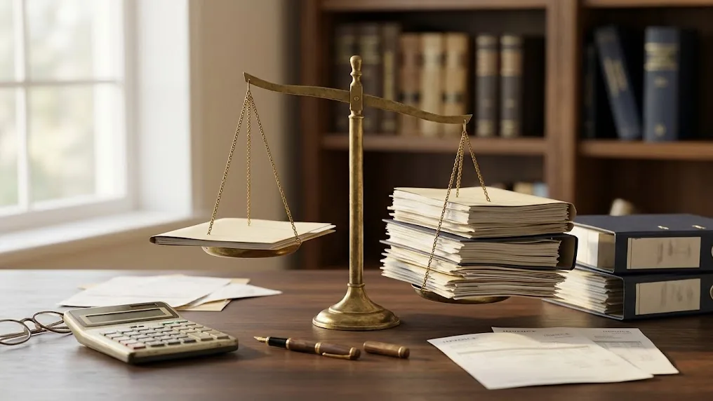 Calculadora, facturas y una balanza de escritorio sobre una mesa de oficina, imagen que compara el costo de una inspección fiscal con prevenir