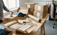 Cajas de cartón con pedidos de ropa listas para envíos a todo el país, con etiquetas en blanco, una prenda doblada y cinta de embalar
