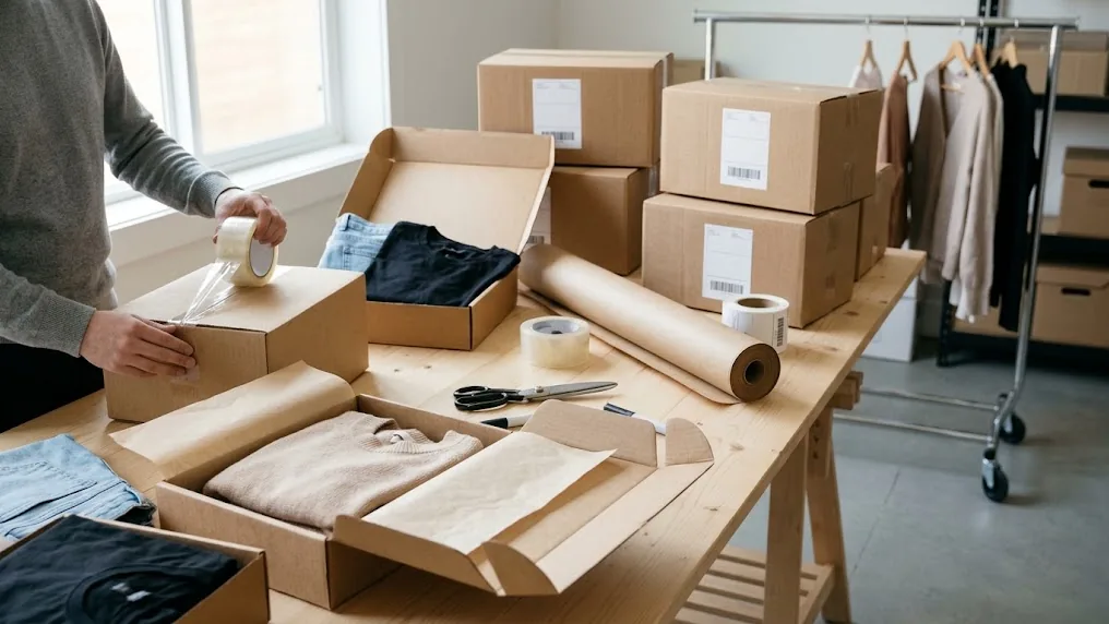 Cajas de cartón con pedidos de ropa listas para envíos a todo el país, con etiquetas en blanco, una prenda doblada y cinta de embalar