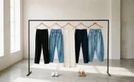 Cinco pantalones de mujer de distintos cortes colgados en fila en un perchero claro, como guía para elegir pantalones según tipo de cuerpo