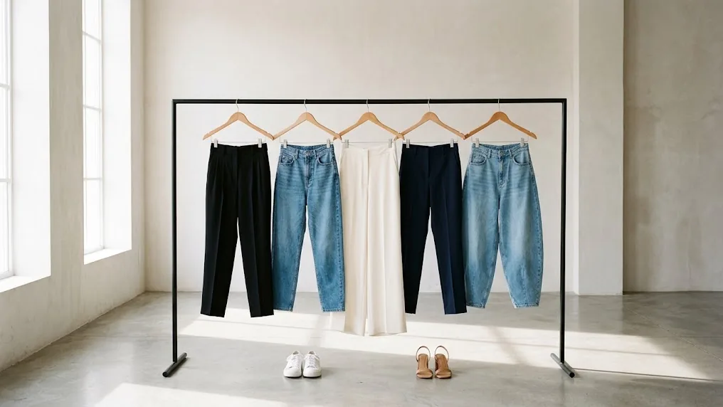Cinco pantalones de mujer de distintos cortes colgados en fila en un perchero claro, como guía para elegir pantalones según tipo de cuerpo
