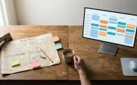 Escritorio con una planilla de turnos en papel con tachaduras y una pantalla con horarios automatizados, para comparar la productividad del personal