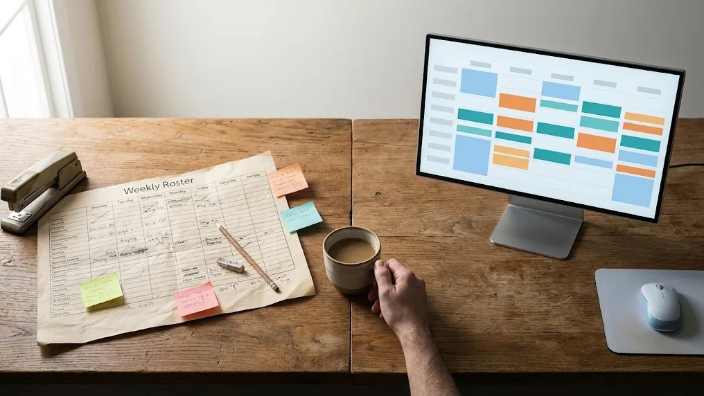 Escritorio con una planilla de turnos en papel con tachaduras y una pantalla con horarios automatizados, para comparar la productividad del personal