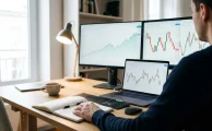 Persona compara en una computadora portátil gráficos de acciones, divisas y criptomonedas para decidir qué bróker elegir según el activo