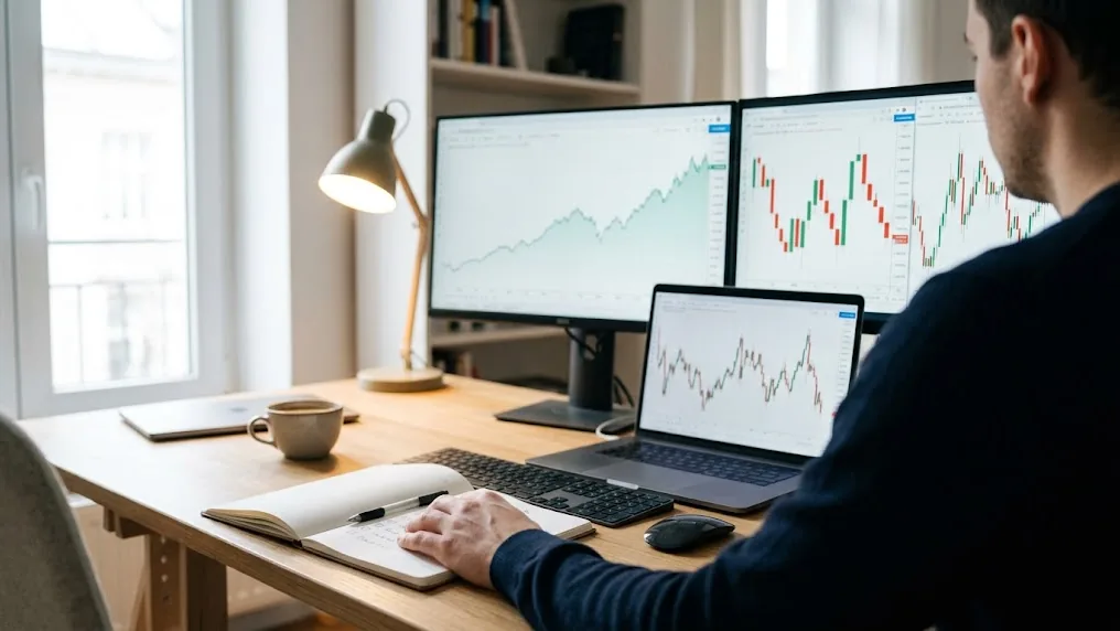 Persona compara en una computadora portátil gráficos de acciones, divisas y criptomonedas para decidir qué bróker elegir según el activo