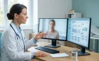 Médica en su consultorio atiende una videoconsulta y revisa la historia clínica electrónica en pantalla, ejemplo de una solución de telemedicina