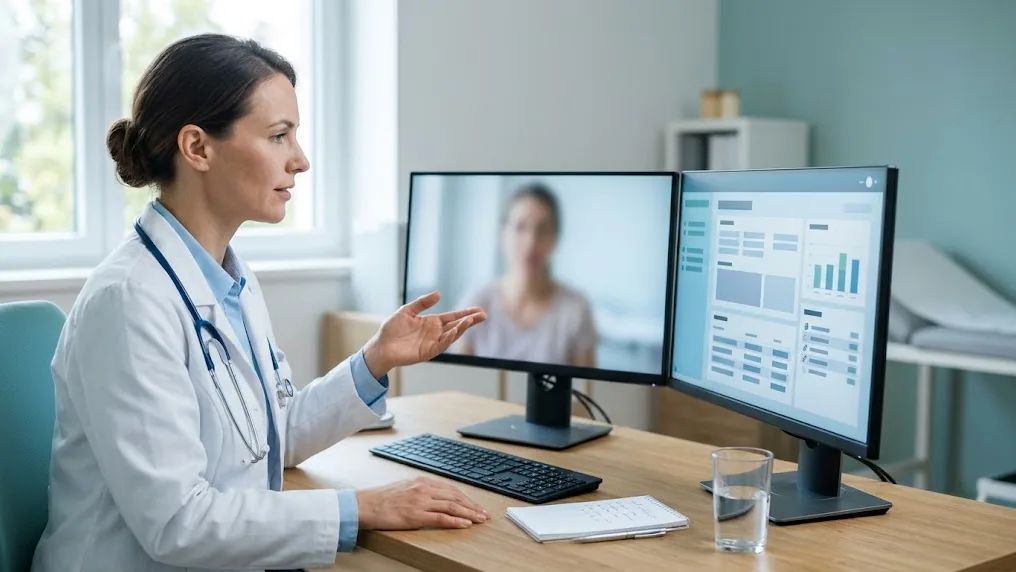Médica en su consultorio atiende una videoconsulta y revisa la historia clínica electrónica en pantalla, ejemplo de una solución de telemedicina