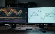 Dos monitores comparan un gráfico saturado de indicadores con otro limpio de varios marcos temporales, dos maneras de reducir el ruido del mercado