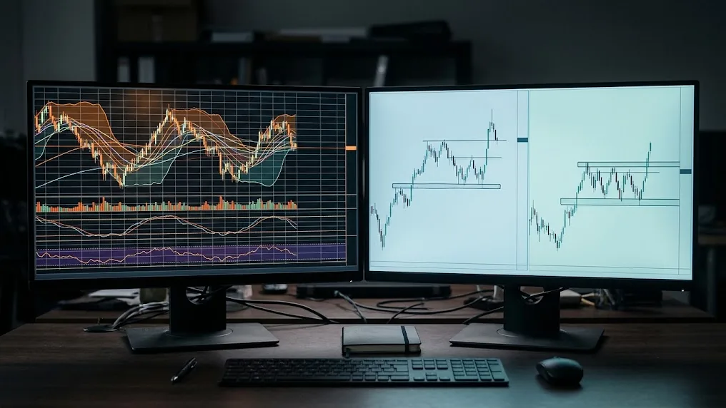 Dos monitores comparan un gráfico saturado de indicadores con otro limpio de varios marcos temporales, dos maneras de reducir el ruido del mercado