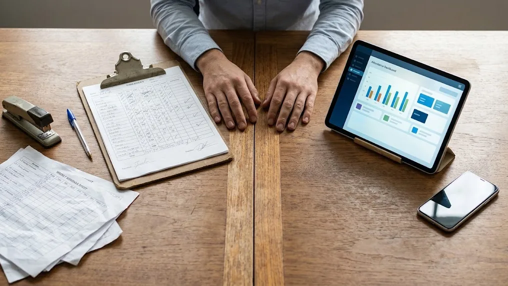 Escritorio con una planilla de registro manual de horas extra en papel a la izquierda y una tablet con el control digital de asistencia a la derecha
