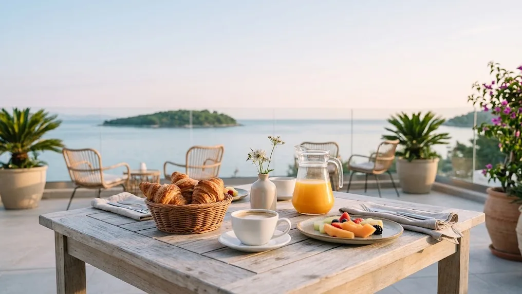 Desayuno servido en una terraza frente al mar con café, medialunas y fruta, uno de los restaurantes para visitar en Punta del Este a primera hora