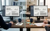 Dos equipos en oficinas distintas trabajan frente a pantallas con el mismo sistema, una escena sobre software estándar y ventaja competitiva