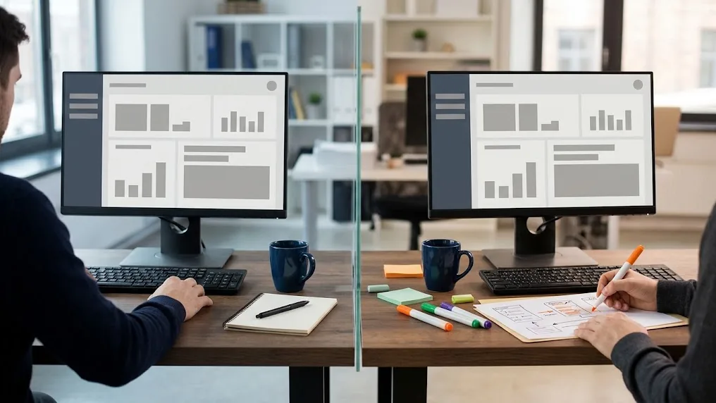Dos equipos en oficinas distintas trabajan frente a pantallas con el mismo sistema, una escena sobre software estándar y ventaja competitiva