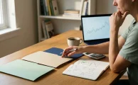 Persona compara en su mesa de trabajo distintos tipos de inversiones financieras en Uruguay con una libreta, una calculadora y una laptop